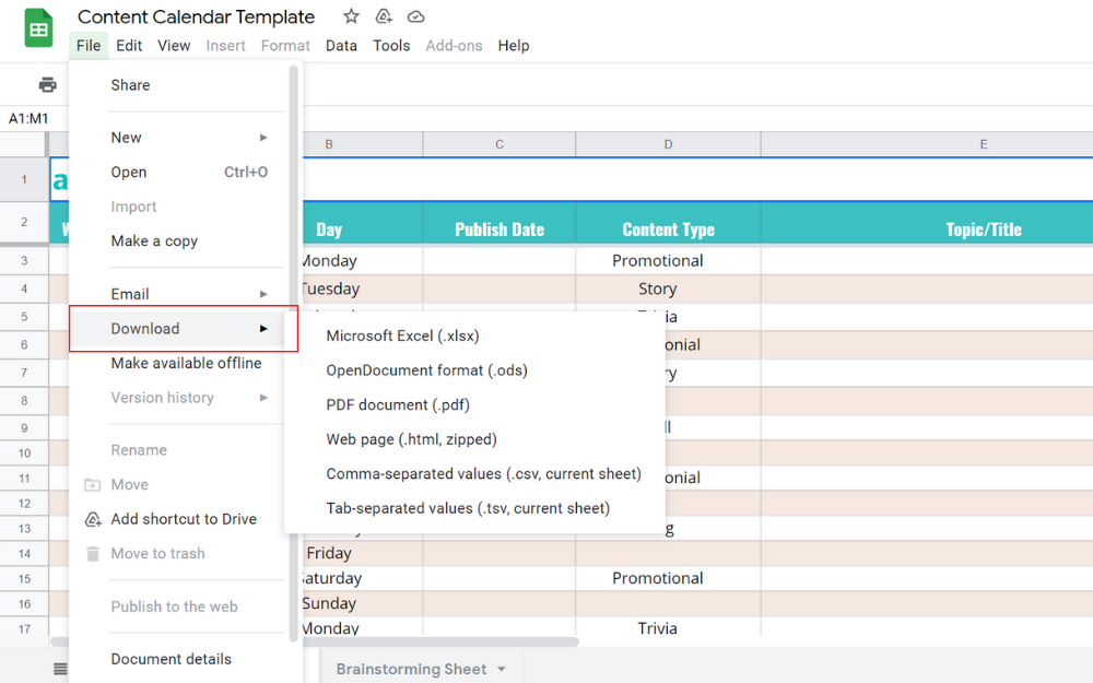 Downloading the template | Content Calendar